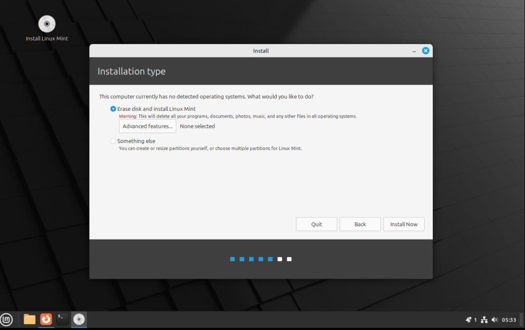 disk installation screen